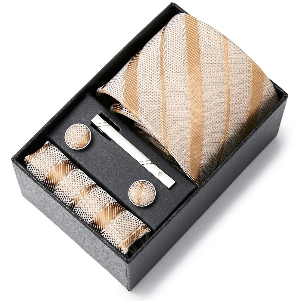 Conjunto Gravata de Seda Listrada Invoux NVX148 Caqui
