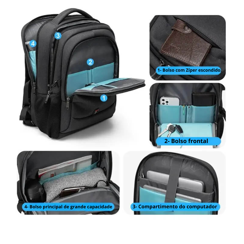 Mochila Executiva Invoux Atlas – Notebook 17", Impermeável com Porta USB