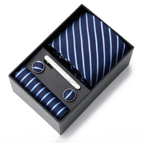 Conjunto Gravata de Seda Listrada Invoux NVX148 Azul Claro com Azul Escuro