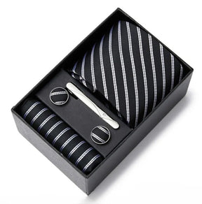 Conjunto Gravata de Seda Listrada Invoux NVX148 Preto e Branco