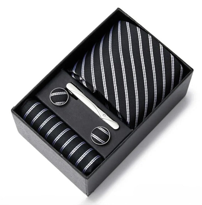 Conjunto Gravata de Seda Listrada Invoux NVX148 Preto e Branco